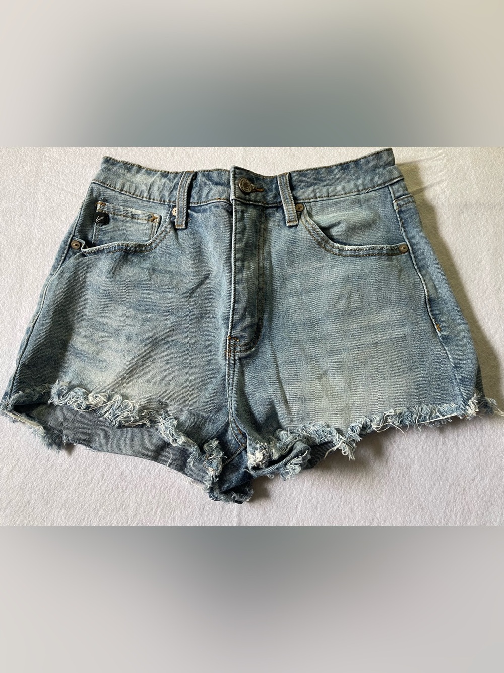 KanCan Faded Light Blue High-Rise Distressed Denim Shorts